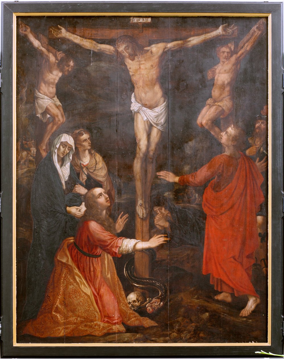 Kerk (Eglise Saint-Martin). Interieur. Drieluik. De kruisiging door Unbekannter Künstler