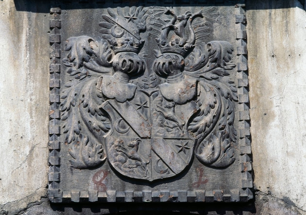 Wapenschild op houten deur van huis in Lavis, Trento, Trentino-Zuid-Tirol, Italië door Benjamin Baud