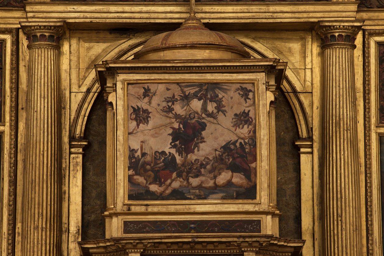 Collegiale kerk. Interieur. Het hoogaltaar. Detail. Midden. Schilderij. Olie op agaat. 1624. door Unbekannt