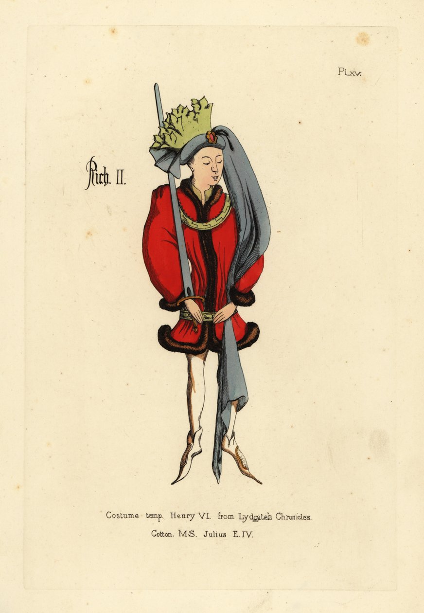 Kostuum van Koning Richard II, in korte volle tuniek met bont afgezet, met een gordel om de heupen, puntige schoenen, ronde hoed met lange staart en kroon van stof in de vorm van bladeren door Unbekannt