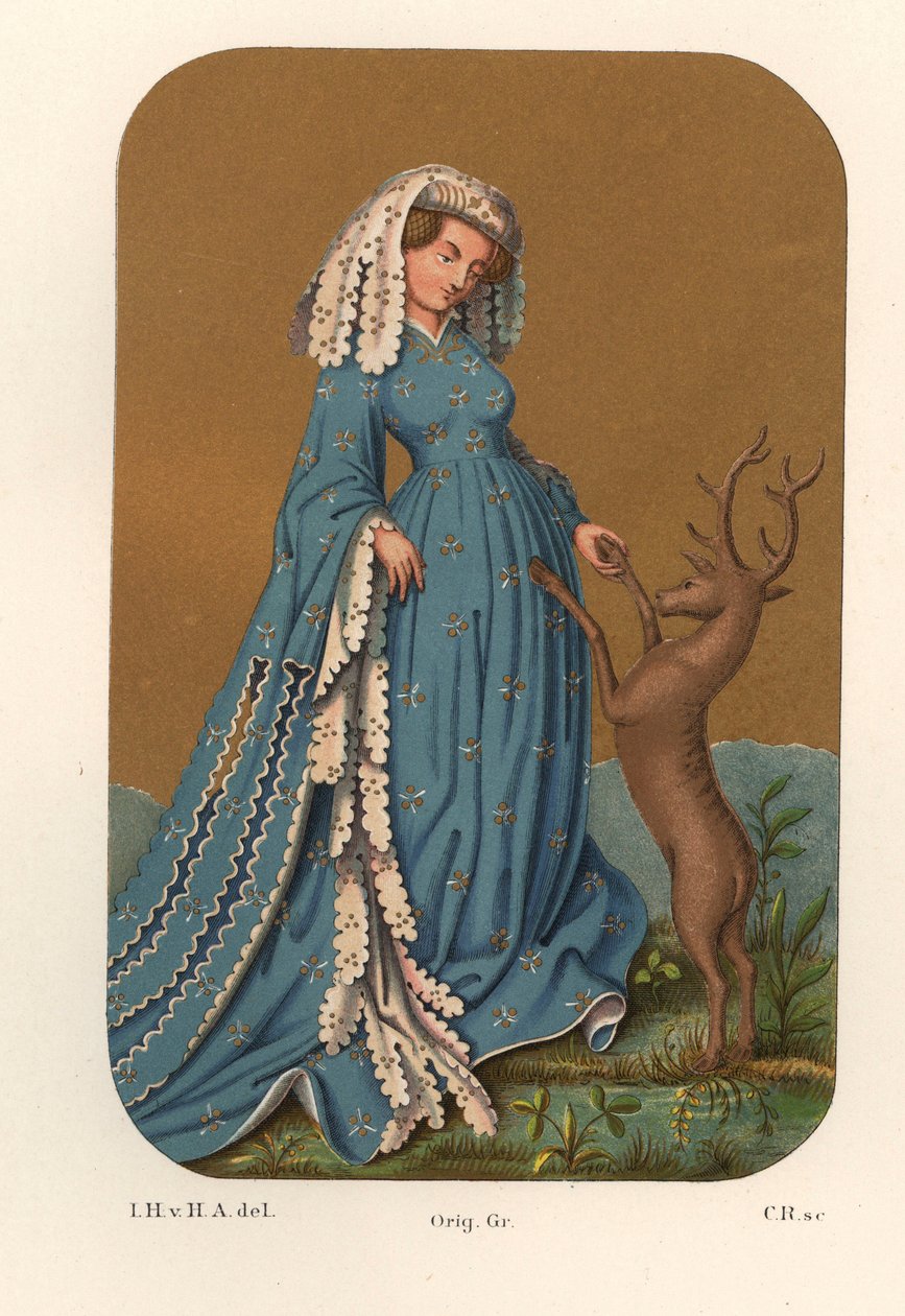 Kostuum van een adellijke dame uit het begin van de 15e eeuw, ze draagt een lange hoofdtooi en een jurk met lange mouwen, spelend met een hert - Van een speelkaart uit de Koninklijke Bibliotheek van Stuttgart (Duitsland) - Chromolithografie, tekening door  door Unbekannter Künstler