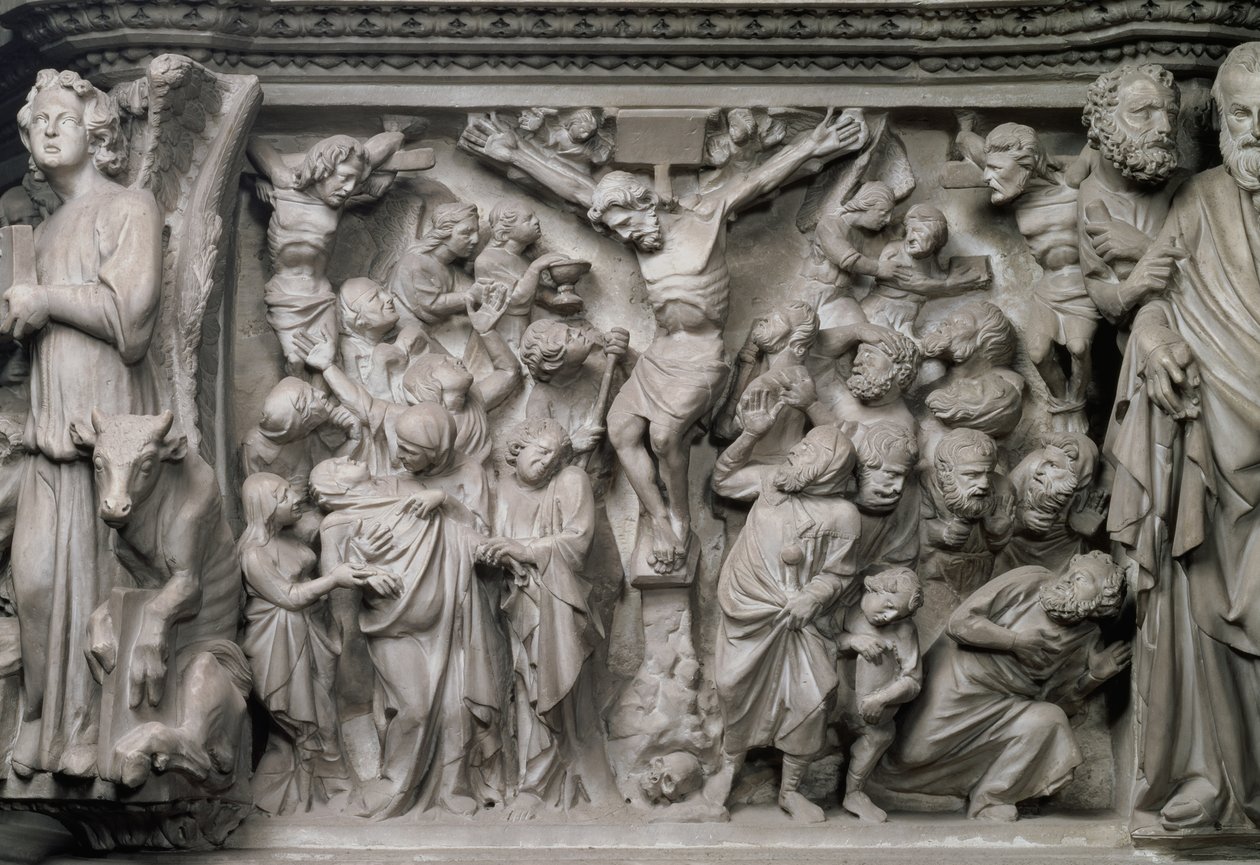 Kruisigingsscène: detail van reliëf van de top van de zeshoekige preekstoel ontworpen door Giovanni Pisano (1245-1329), ca. 1297 door Unbekannter Künstler