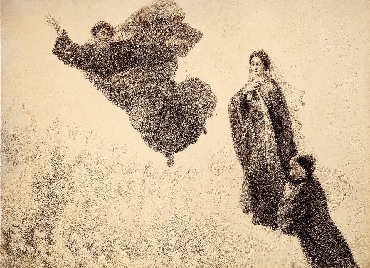 Dante en Beatrice ontmoeten St. Peter. Illustratie van Canto XXIV in Paradiso van De Goddelijke Komedie door Dante Alighieri. Werk van Francesco Scaramuzza gewijd aan de gemeente Florence. door Unbekannter Künstler