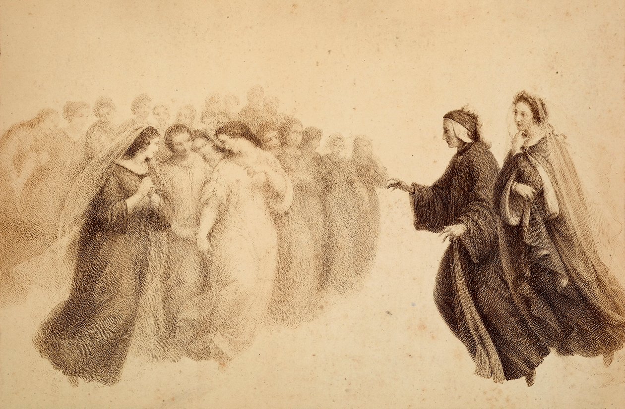 Dante samen met Beatrice en de gezegende geesten. Illustratie van Canto XXXIII in Paradiso van De Goddelijke Komedie door Dante Alighieri. Werk van Francesco Scaramuzza gewijd aan de gemeente Florence. door Unbekannter Künstler