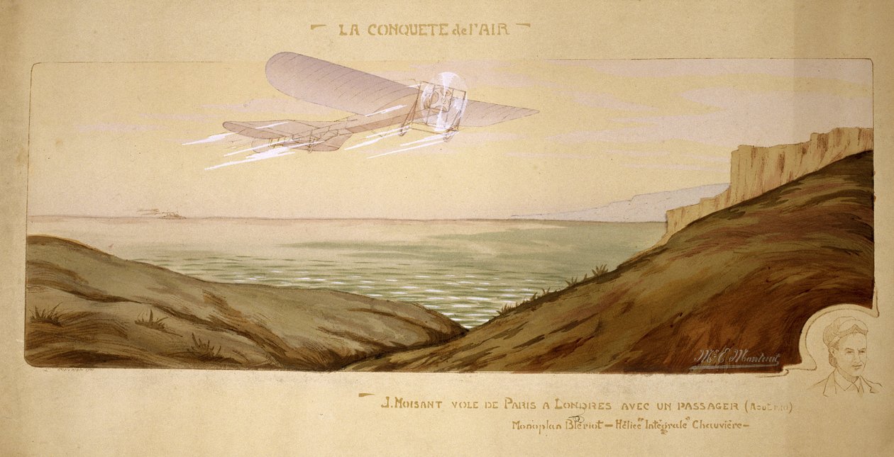 Begin van de luchtvaart: John Moisant voert de eerste passagiersvlucht uit over het Kanaal met zijn monteur in zijn Bleriot tweezitter op 17 augustus 1910 door Unbekannt