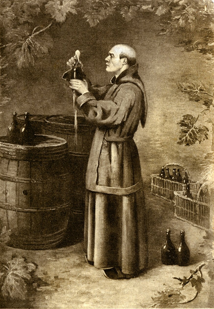 Dom Perignon ontdekt mos in 1714 - begin 20e eeuw (gravure) door Alec Hunter