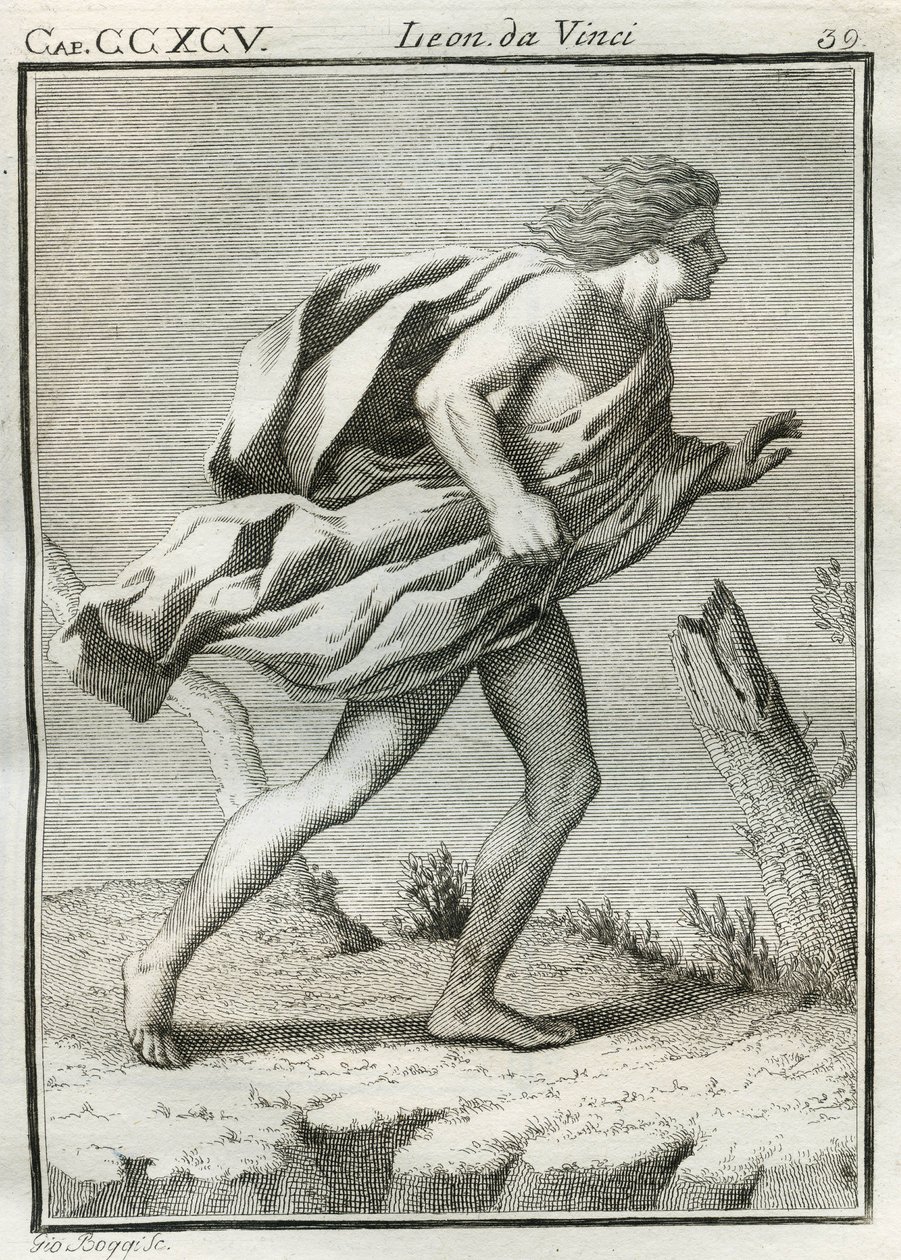 Etude di un uomo che cammina contro il vento, con le vesti e i capelli scompigliati dalle folate e il corpo sbilanciato in avanti. Gravure uit 