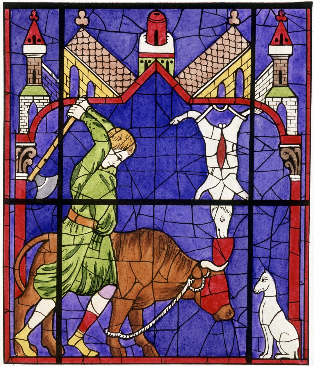Facsimile van een glas-in-loodraam van de Notre-Dame de Chartres kathedraal die een slager afbeeldt door Unbekannter Künstler