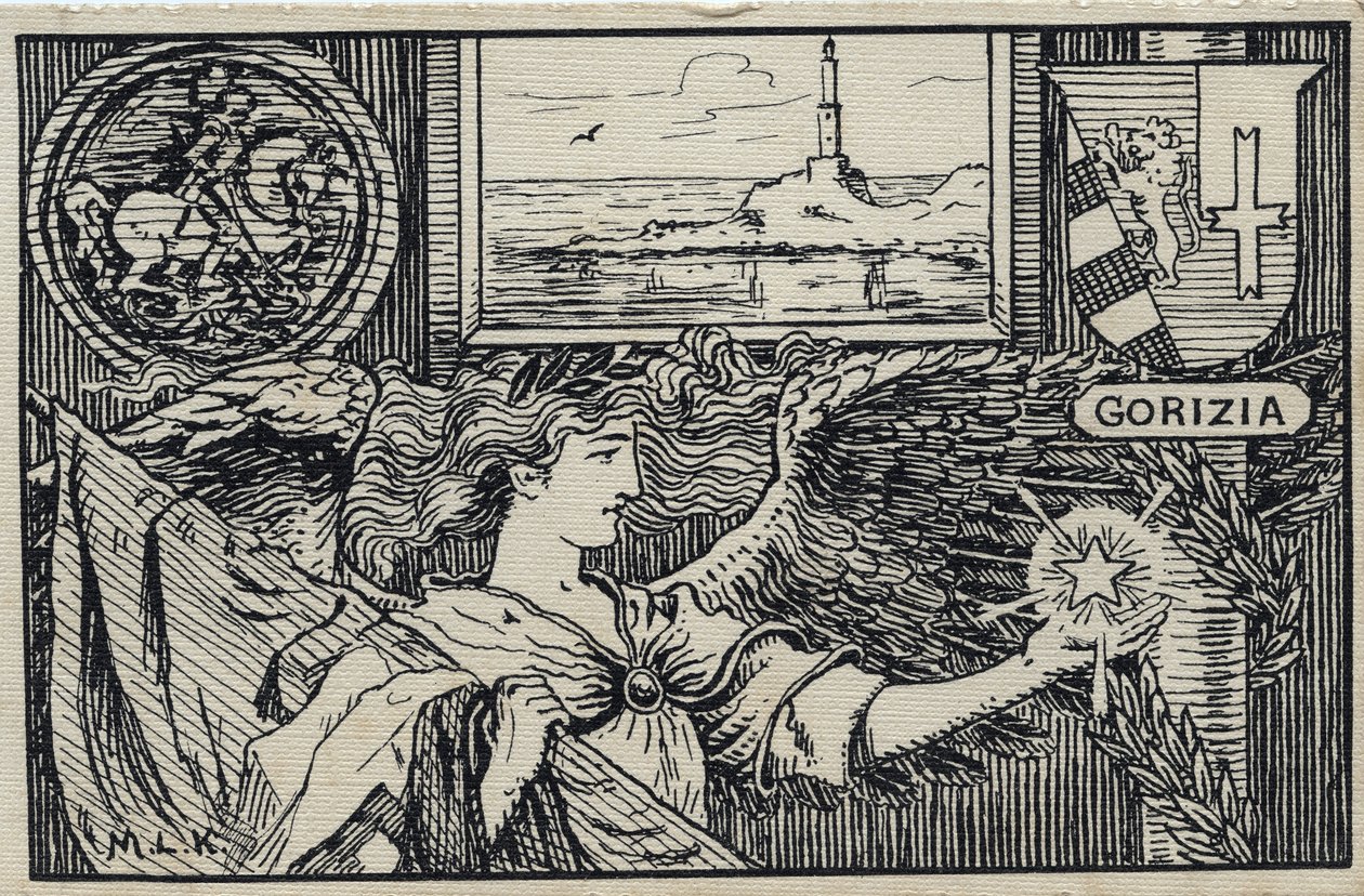 Eerste Wereldoorlog (1914-1918): Italiaanse patriottische ansichtkaart voor de aansluiting van Gorizia bij Italië door Unbekannter Künstler