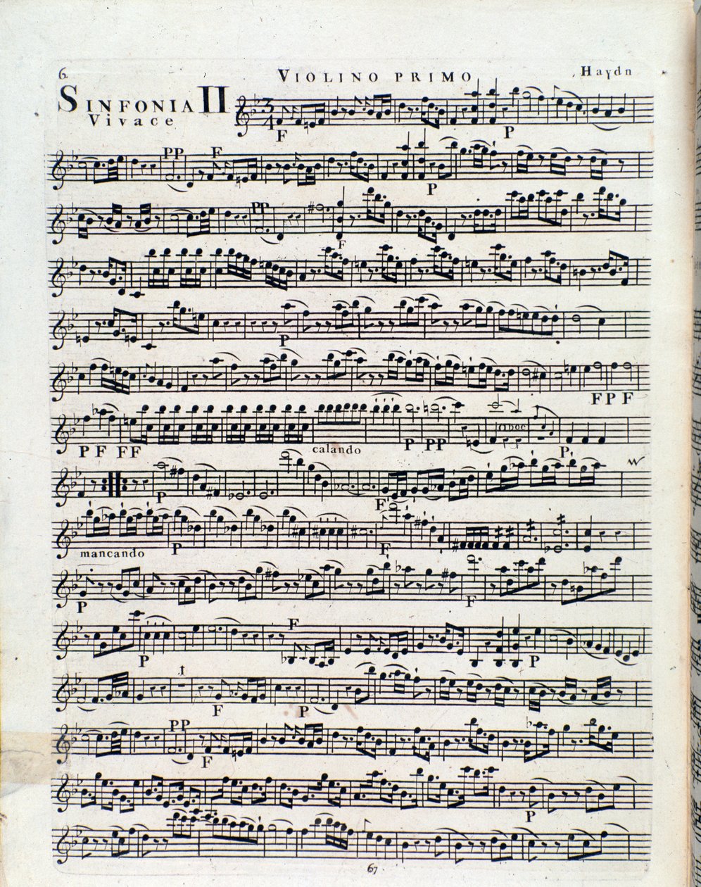 Eerste pagina van muzikale partituur voor viool in Symfonie nr. 2 door J Haydn door Unbekannter Künstler