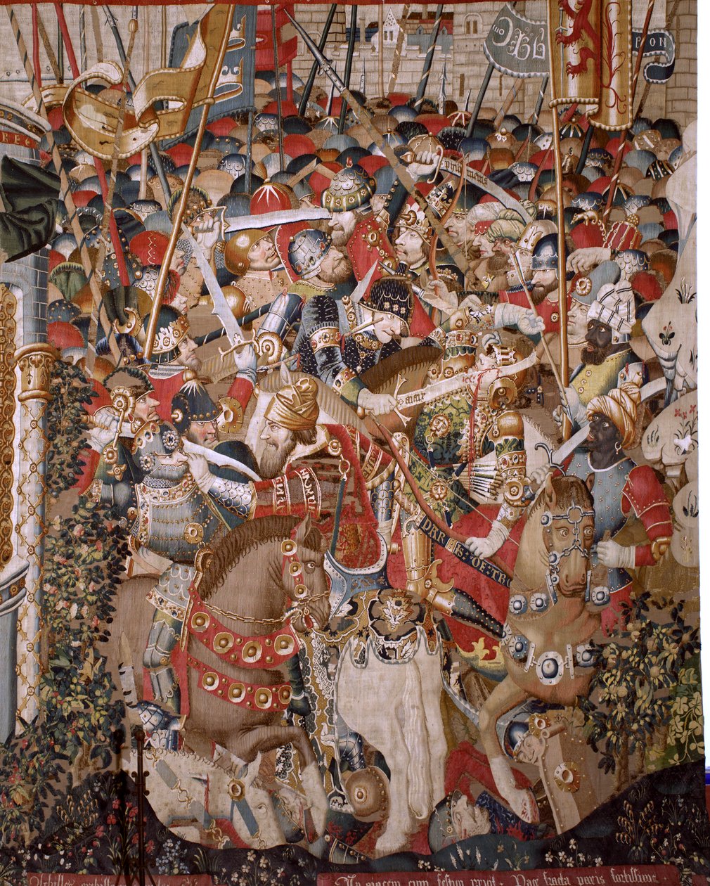 Vlaamse wandtapijt. Serie De Trojaanse Oorlog. De dood van Achilles. Achtste wandtapijt in de serie. Model Coëtivy Meester (Henry of Conrard de Vulcop). Fabriek Tournai werkplaatsen. Ca 1470. Stof Wol en zijde, 6/7 schering per cm. Afmeting 482 x 942 cm door Unbekannt