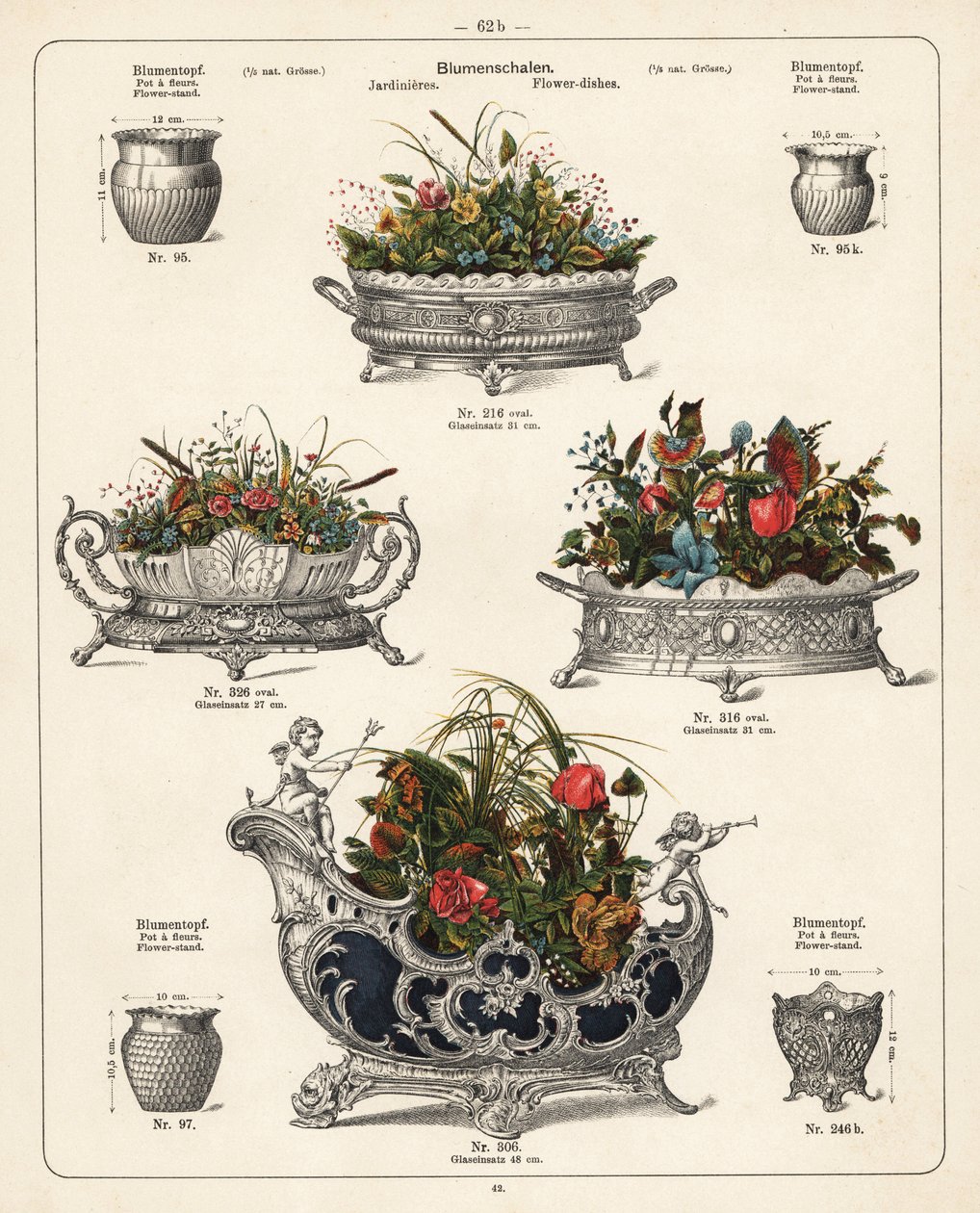 Bloemenstandaards, bloemenschaaltjes, vazen en jardinières. Lithografie uit een catalogus van metalen producten vervaardigd door Wuerttemberg Metalware Factory, Geislingen, Duitsland door Unbekannter Künstler