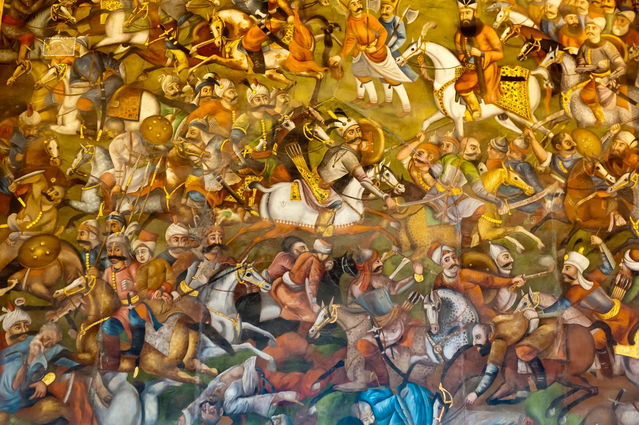 Fresco; slag bij Chaldiran tegen de Ottomaanse Sultan Selim I.; 1514; Chehel Sotoun; Veertig Zuilen Paleis; Isfahan; Iran; Azië door Unbekannt