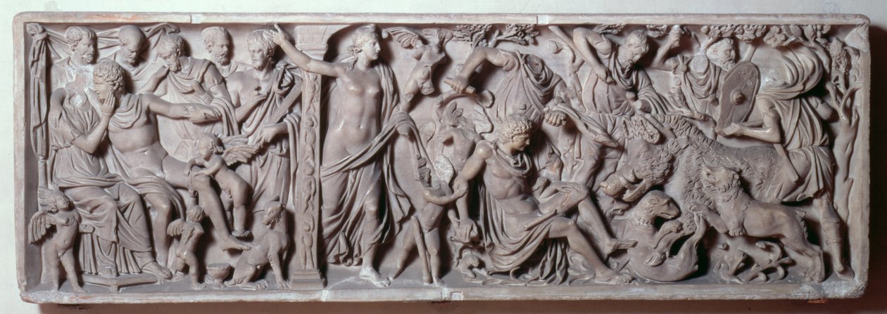 Voorzijde van een sarcofaag die de dood van Adonis afbeeldt, Romeins, 2e eeuw (marmer) door Unbekannt