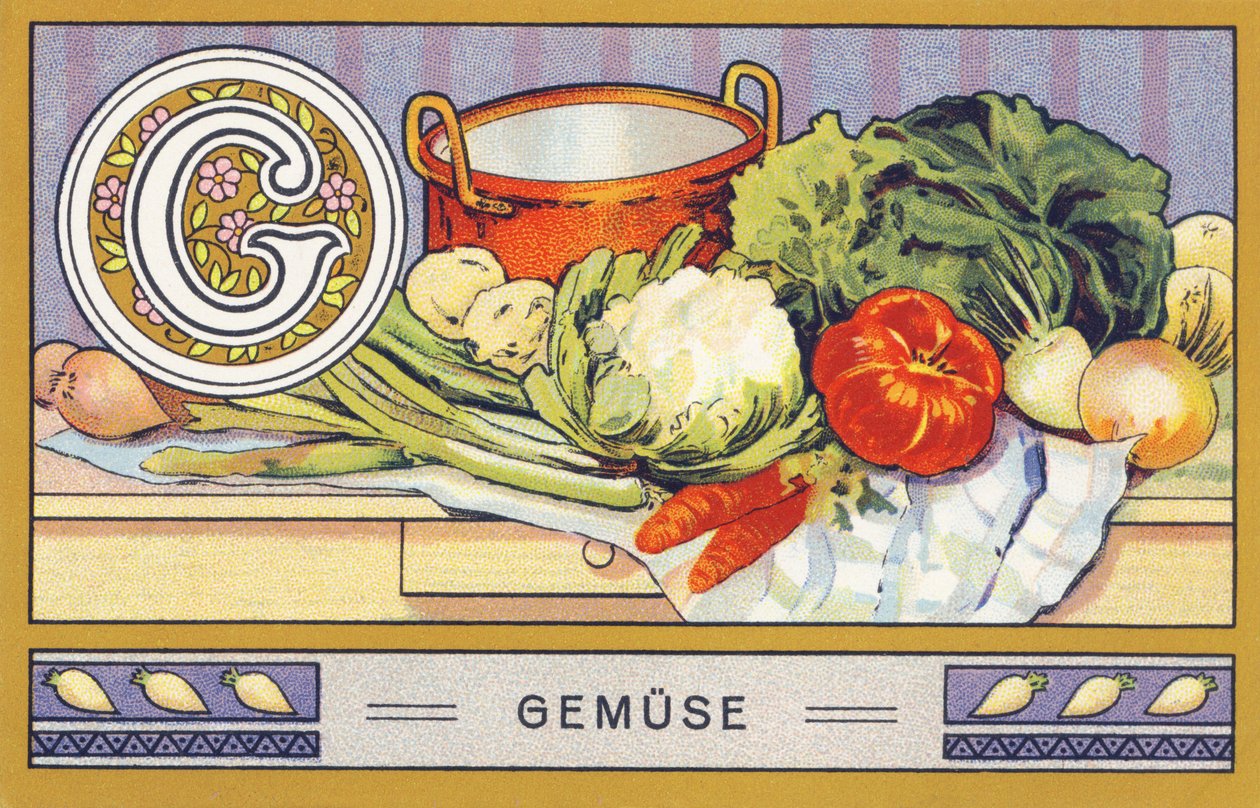 G: Groente - Alphabet Palmin. Serie chromolithografieën uitgegeven door H. Schlinck & Cie, Hamburg. Reclame voor Palmin fijnste kokosvet. Afmetingen: 7 x 11 cm door William M. Timlin
