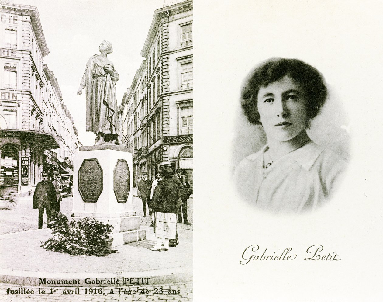 Gabrielle Petit en het monument ter ere van haar in Brussel, herdenkingskaarten, ca. 1925 (litho) door Unbekannter Künstler