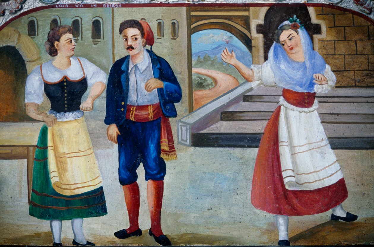 Galant tafereel met verklede personages, schilderij op houten paneel, Siciliaans handwerk, Sicilië (detail) door William M. Timlin