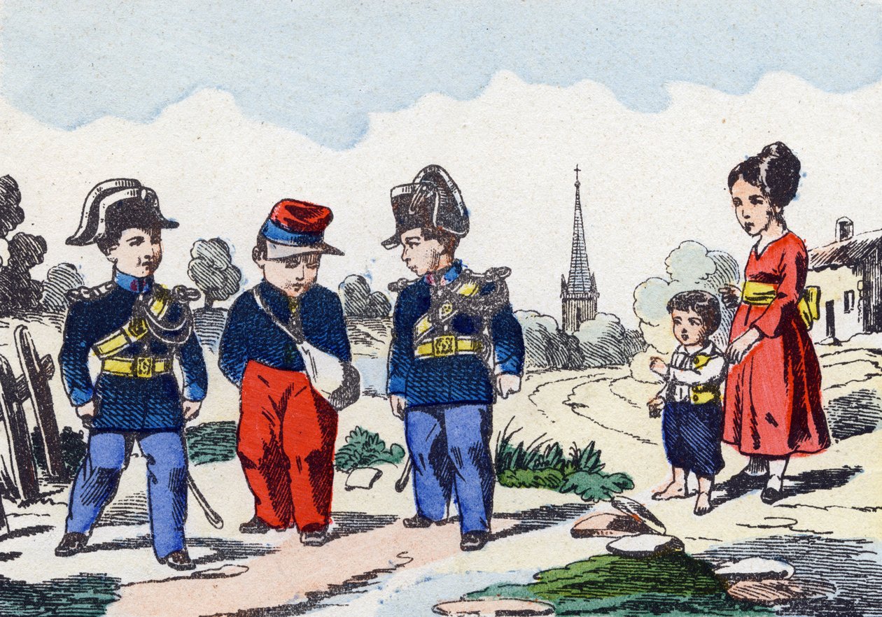 Gendarmes. Gravure in "Alphabet militaire enfantin". Imagery van Pont-a-Mousson, circa 1890. door Unbekannt