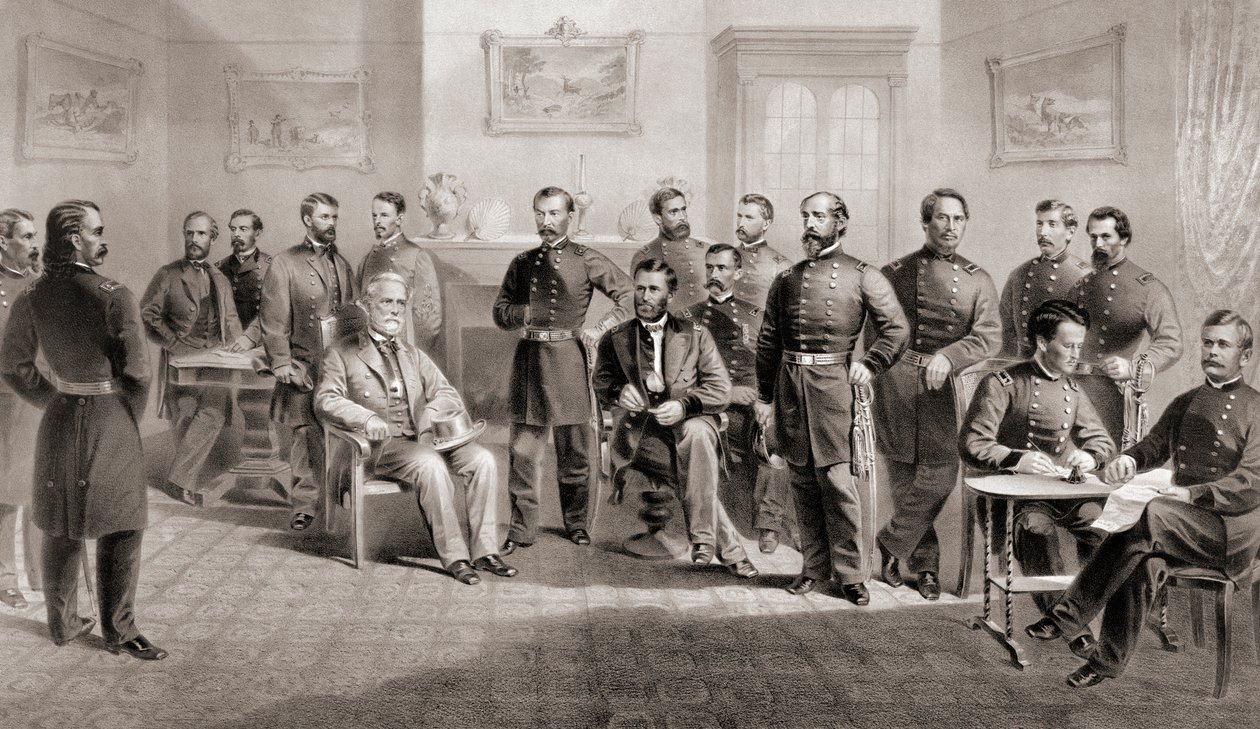 Generaal Ulysses S. Grant (zittend midden rechts) en Generaal Robert E. Lee (zittend midden links) met hun respectieve staf bij het Appomattox Courthouse, Virginia waar Generaal Lee het leger van Noord-Virginia overgaf en daarmee de Amerikaanse Burgeroorlo door Unbekannt