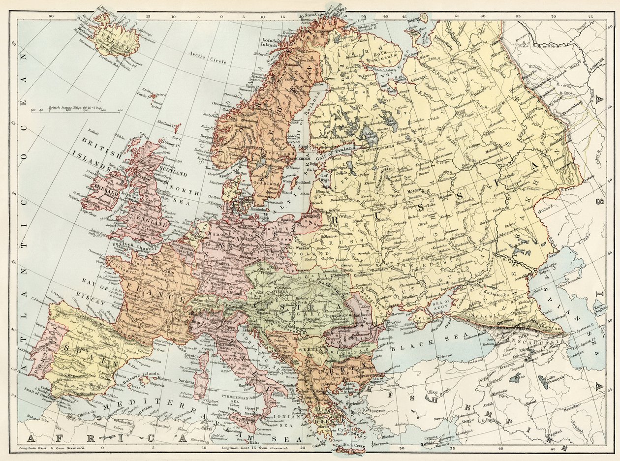 Geografische kaart van Europa in de jaren 1870. 19e-eeuwse kleurenlithografie door Unbekannter Künstler