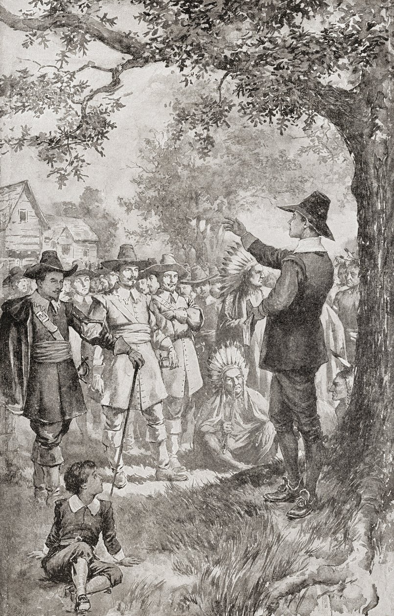 George Fox die in 1671 in Maryland, Amerika, predikt voor een menigte tijdens een vierdaagse bijeenkomst van lokale Quakers. George Fox door Unbekannter Künstler