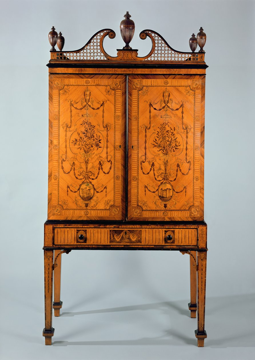 George III Craven kabinet, satijnhout en marqueterie, op standaard door Unbekannt