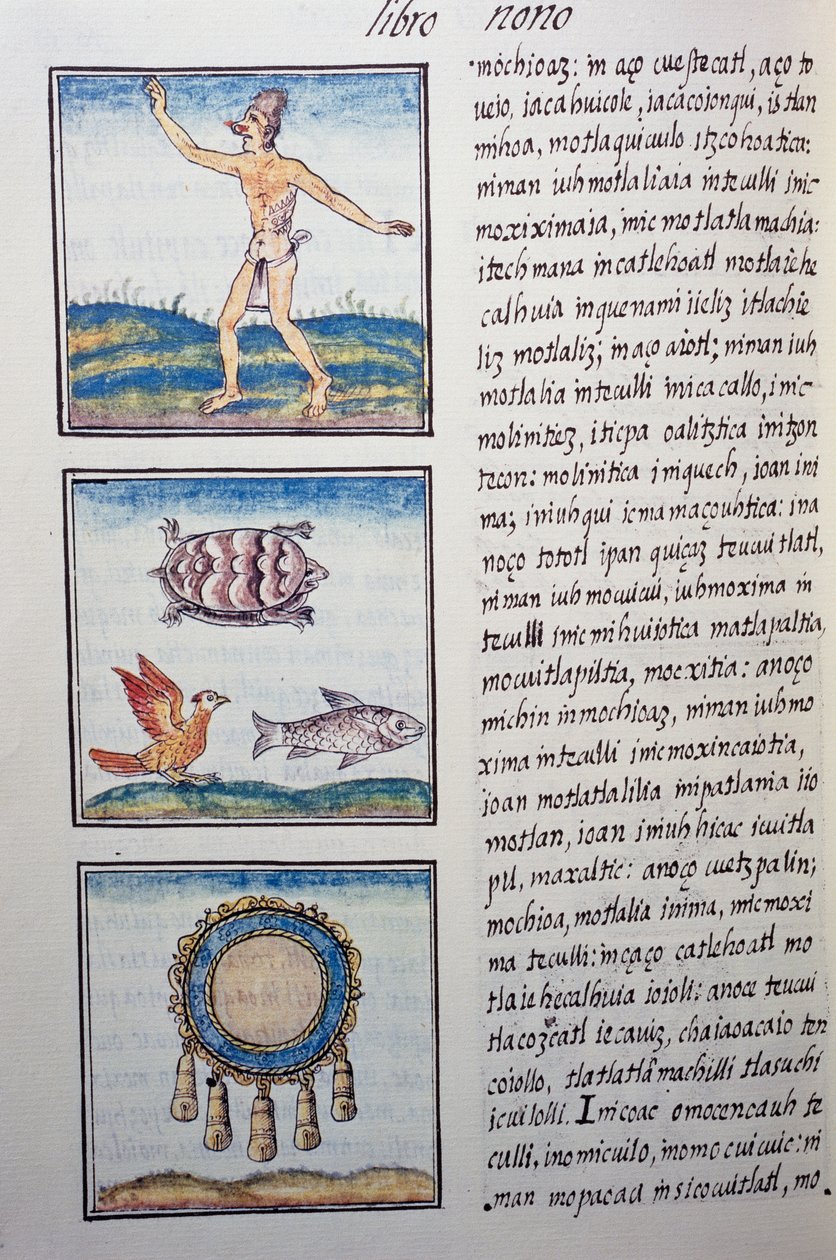 Goudsmid, pagina uit de Florentijnse Codex, tweetalige versie in Spaans en Nahuatl, Algemene Geschiedenis van de Dingen van Nieuw-Spanje door William M. Timlin
