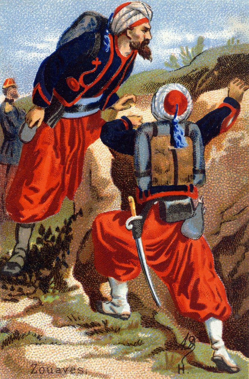 H: Zouaven. Gravure in "Militair Alfabet". Initialen van de illustrator: A. D. Onbekende uitgever. Chromolithografieën eind 19e eeuw. Dim: 10,5x7cm door Unbekannt