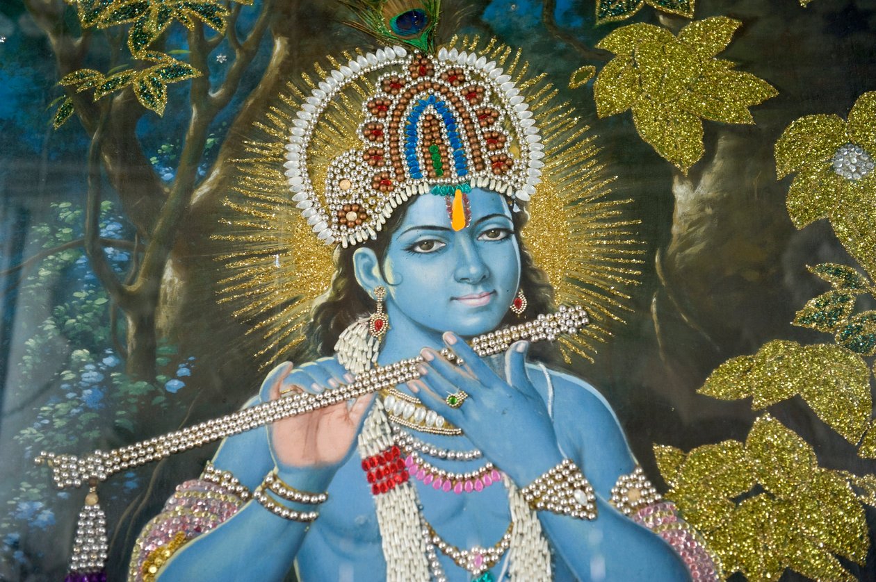 Hindoeïsme; schilderij van Heer Krishna met fluit; Durgiana Mandir Vishnu Tempel; Amritsar; Punjab; India; Zuid-Azië; Azië door Unbekannt