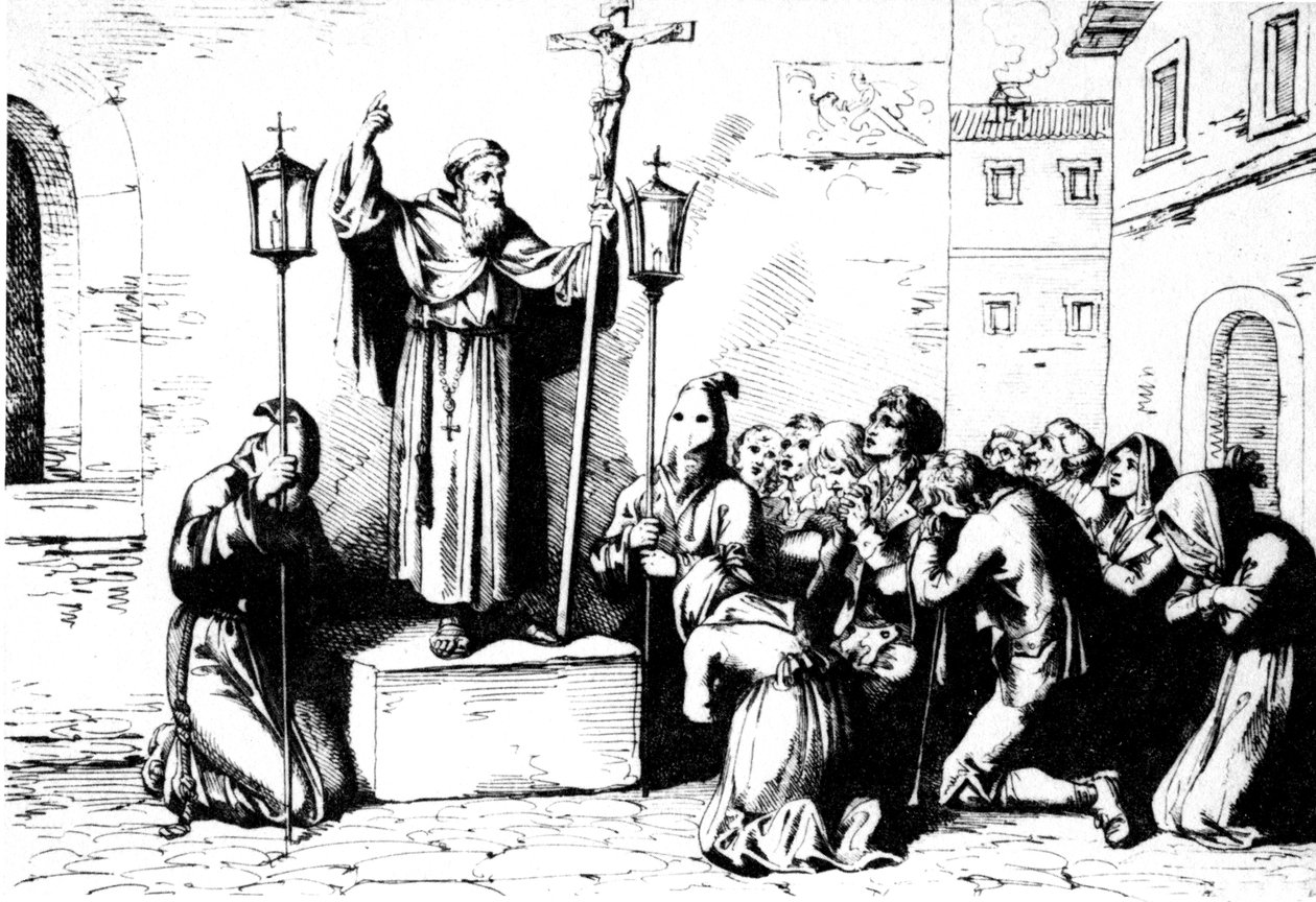 Geschiedenis van het oude Rome. Een monnik preekt voor de mensen op een plein in Rome. Bartolomeo Pinelli gravure XIX eeuw door Unbekannt