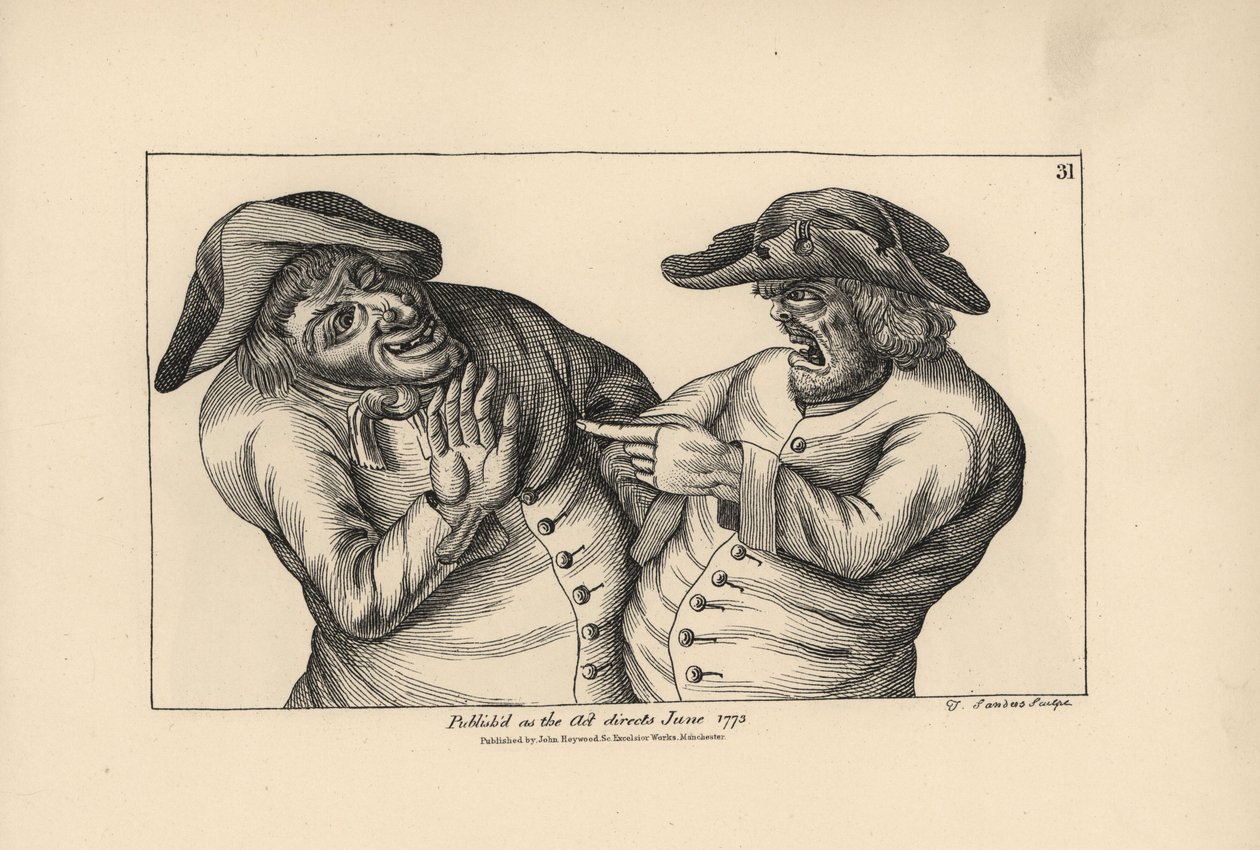 Hodge en Roaf beschuldigen elkaar van het achterlaten van een pot urine in plaats van een kruik bier. Gravure door Thomas Sanders naar een satirische illustratie van Timothy Bobbin (John Collier) uit Human Passions Delineated, John Haywood, Manchester door Unbekannter Künstler