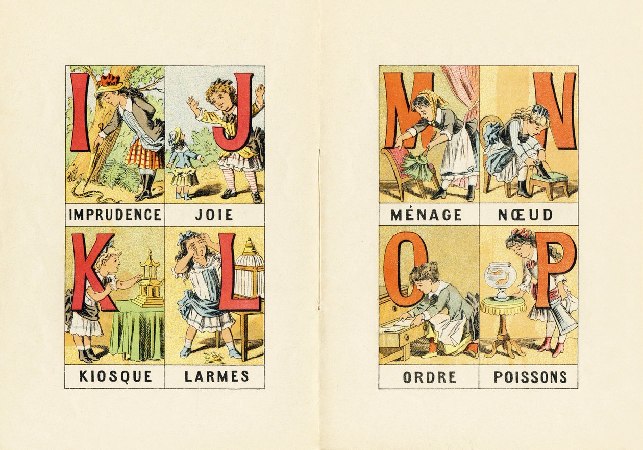 I - Onvoorzichtigheid; J - Vreugde; K - Kiosk; L - Tranen; M N O P - Huishouden, Knoop, Orde, Vissen - Gravure uit ABCD des petites filles, Pellerin & Cie, Epinal, circa 1890 door Unbekannt
