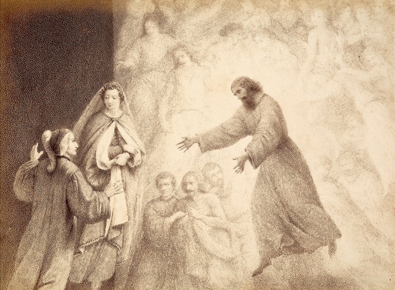 In de sfeer van Mars ontmoet Dante de geest van zijn voorouder Cacciaguida. Illustratie van Canto XV in Paradiso van De Goddelijke Komedie door Dante Alighieri. Werk van Francesco Scaramuzza gewijd aan de gemeente Florence. door Unbekannter Künstler