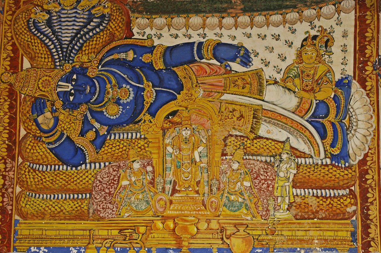 India, Tamil Nadu, Srirangam, Sri Ranganathasvami Hindoe Tempel, muurschildering van Vishnu door Unbekannt