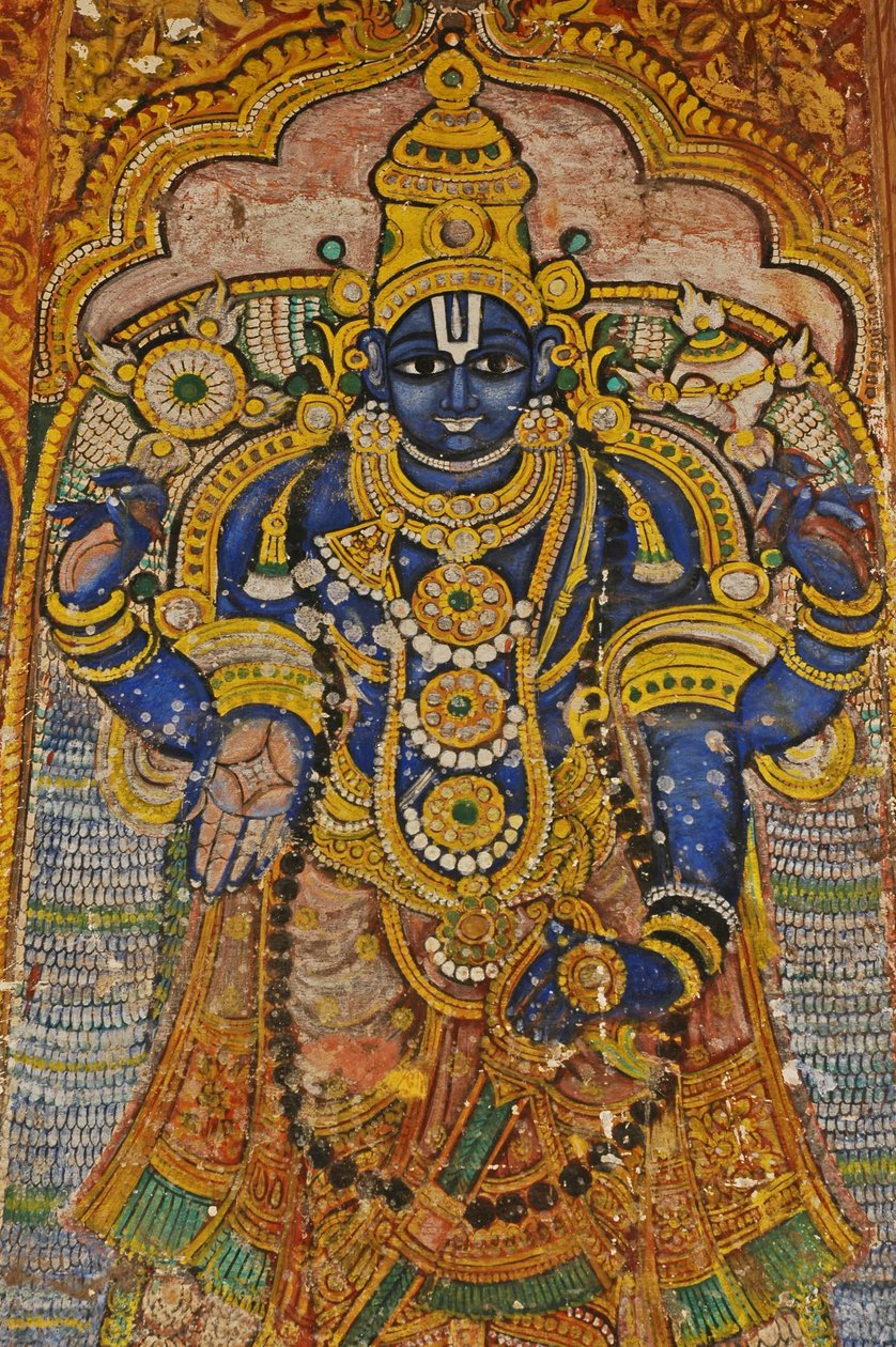 India, Tamil Nadu, Srirangam, Sri Ranganathasvami Hindoe Tempel (oorspronkelijk 10e eeuw), muurschildering van Vishnu door Unbekannt