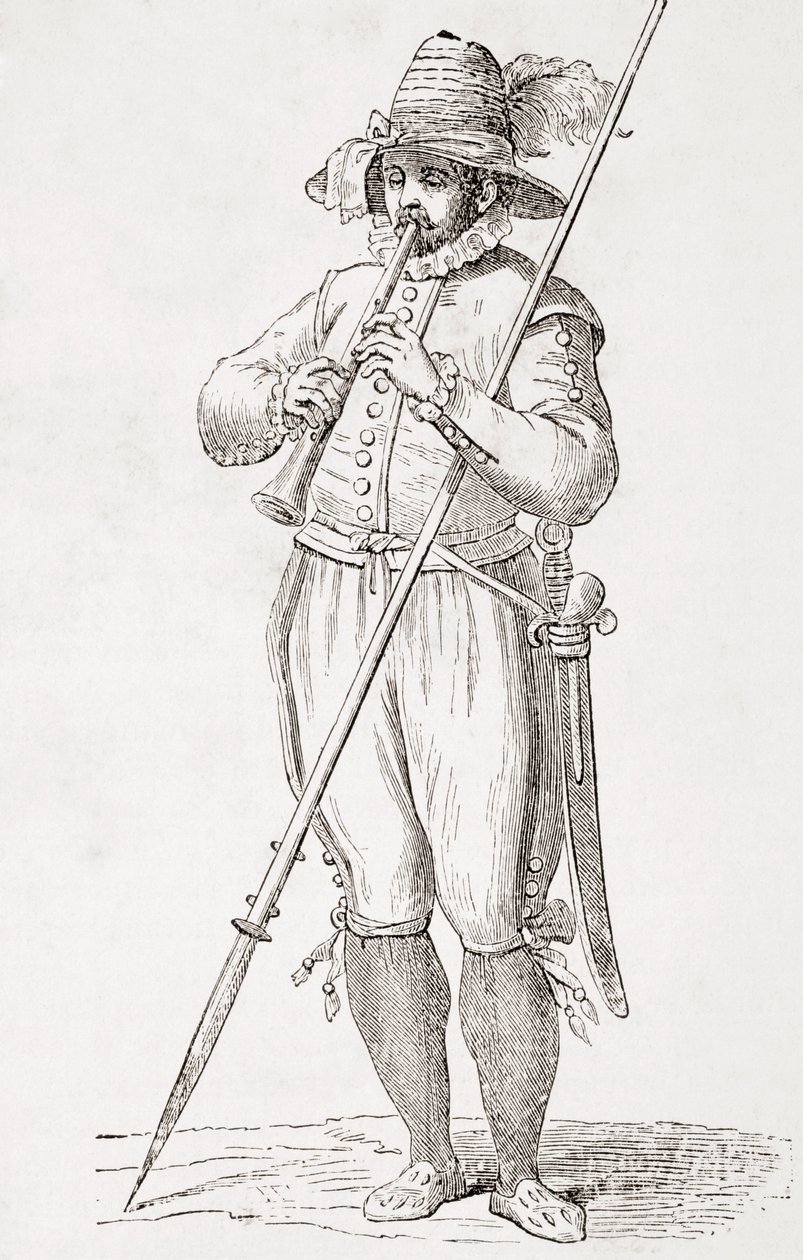 Italiaanse boer die dulzaina speelt, naar een 16e-eeuws werk van Cesare Vecellio, uit 