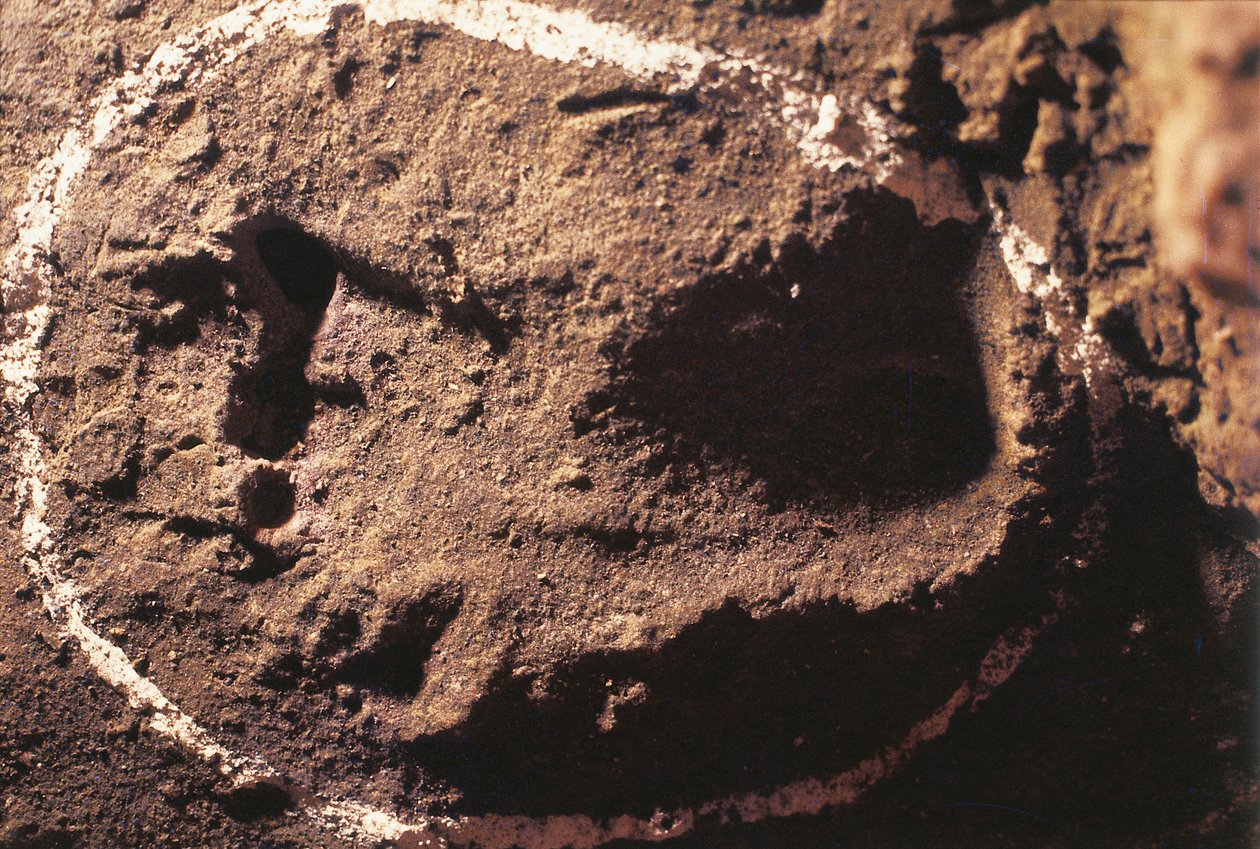 Italië, Ligurië, Grotten van Toirano, voetafdrukken van Prehistorische jager door Benjamin Baud