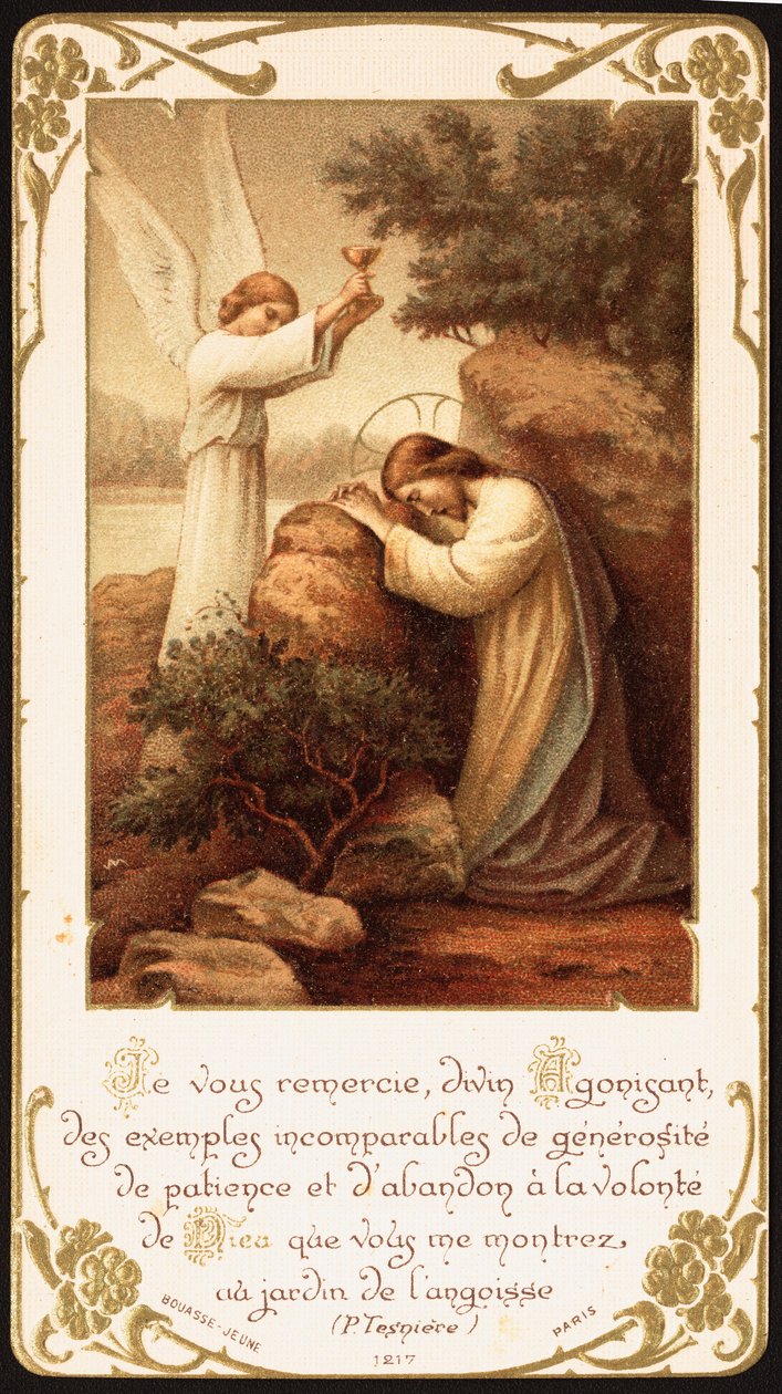 Jezus knielend in gebed in de Hof van Getsemane, een engel presenteert hem een kelk. Begin 20e eeuw (ansichtkaart) door Unbekannter Künstler