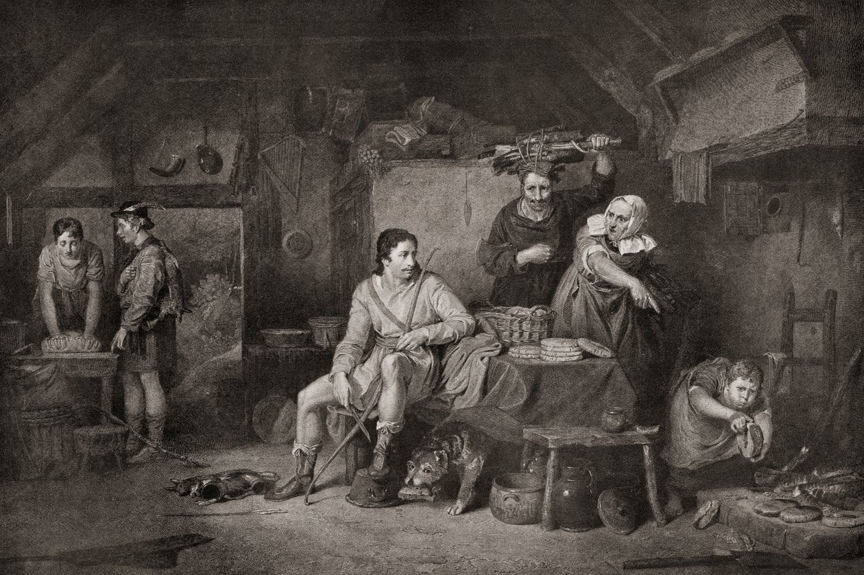 Koning Alfred in het huisje van de veehouder. Alfred de Grote, ca. 848-899. Koning van Wessex. De legende vertelt hoe Alfred, toen hij naar de Somerset Levels vluchtte, onderdak kreeg van een boerenvrouw die, onwetend van zijn identiteit, hem achterliet om door Unbekannter Künstler
