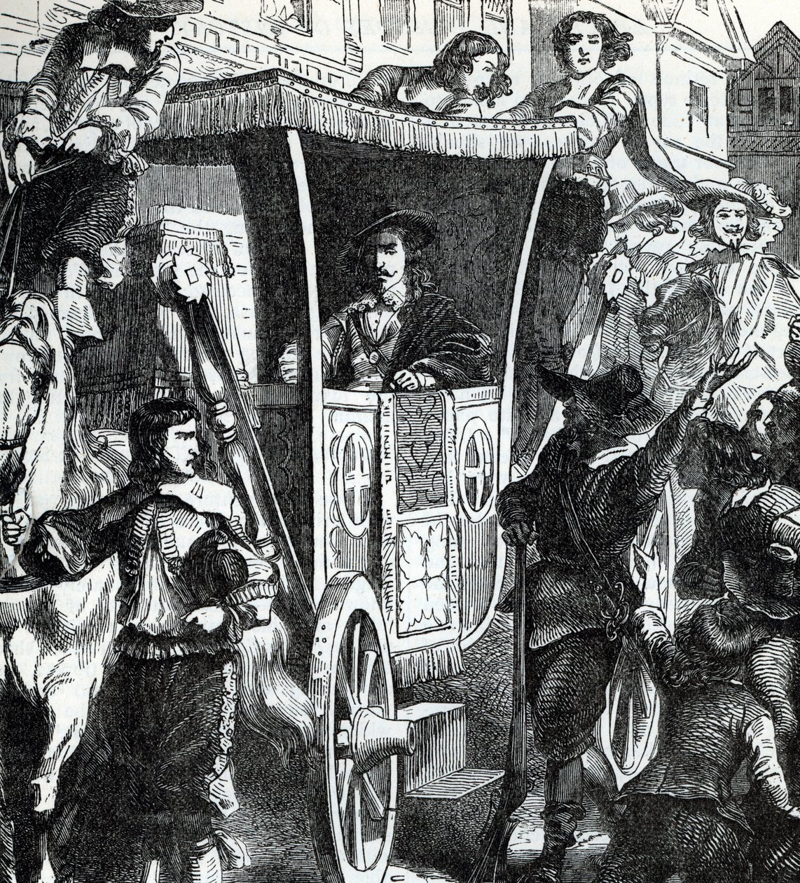 Koning Karel I door de menigte na de mislukte poging om de vijf parlementsleden John Pym, John Hampden, Denzil Holles, William Strode en Arthur Haselrig te arresteren op 4 januari 1642. 19e eeuw (gravure uit 
