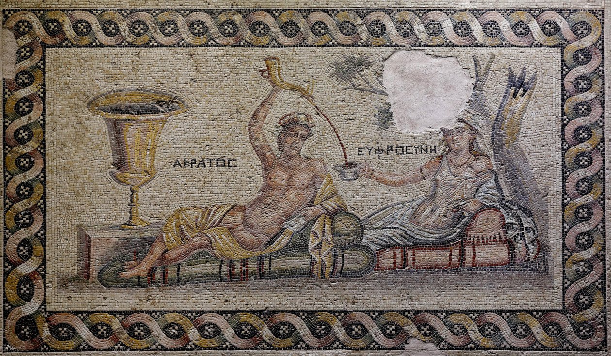 Kratos en Euphrosyne - Mozaïek, Akratos en Euphrosyne, Zeugma Mozaïekmuseum, Gaziantep, Zuidoost-Anatolië, Anatolië, Turkije, Azië door Unbekannter Künstler