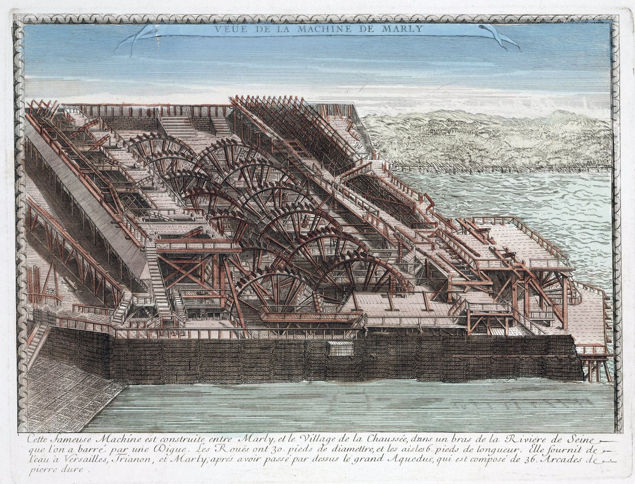 De machine van Marly door Rennequin die werd gebruikt om water uit de Seine naar Versailles te pompen via het aquaduct van Marly, om de parken van de kastelen van Marly en Versailles van water te voorzien door Unbekannt