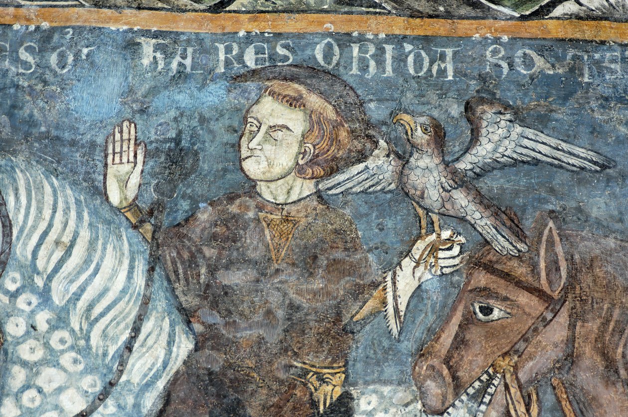 Legende van de stichting van de Abdij van Vezzolano: Koning Karel de Grote (742-814) ging op valkenjacht. Er werd gezegd dat dit de oorsprong was van de bouw van de abdij. Fresco van de kloostergang van de Abdij van Vezzolano. Piëmont, Italië. door Unbekannt