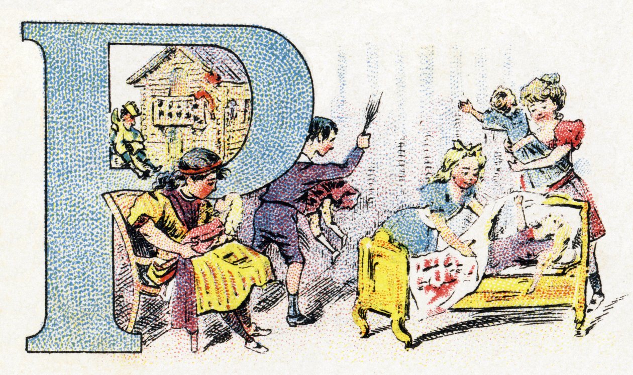 Letter P: Pop Polichinelle. Alfabet van Phosphatine Falieres. Gravure. Brevete alfabet S.G.D.G. door apotheker Pierre Emile Falieres. Illustraties in chromolithografie, eind 19e eeuw. door Unbekannt