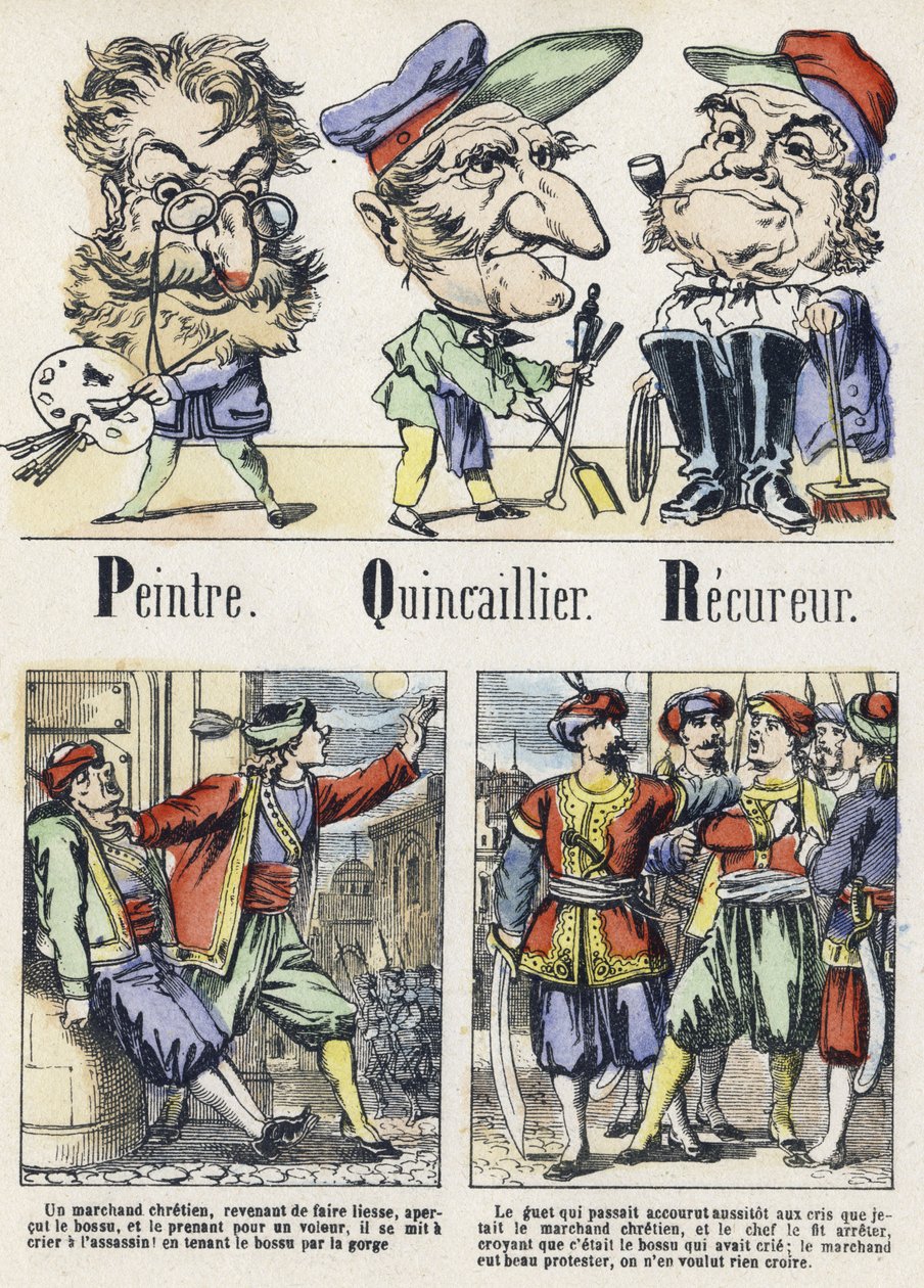 Letter P, Q en R: schilder, ijzerwaren en hersteller. Alfabet van het Oosterse Verhaal. Imaging van Epinal, circa 1890. Populaire serie. door Unbekannt