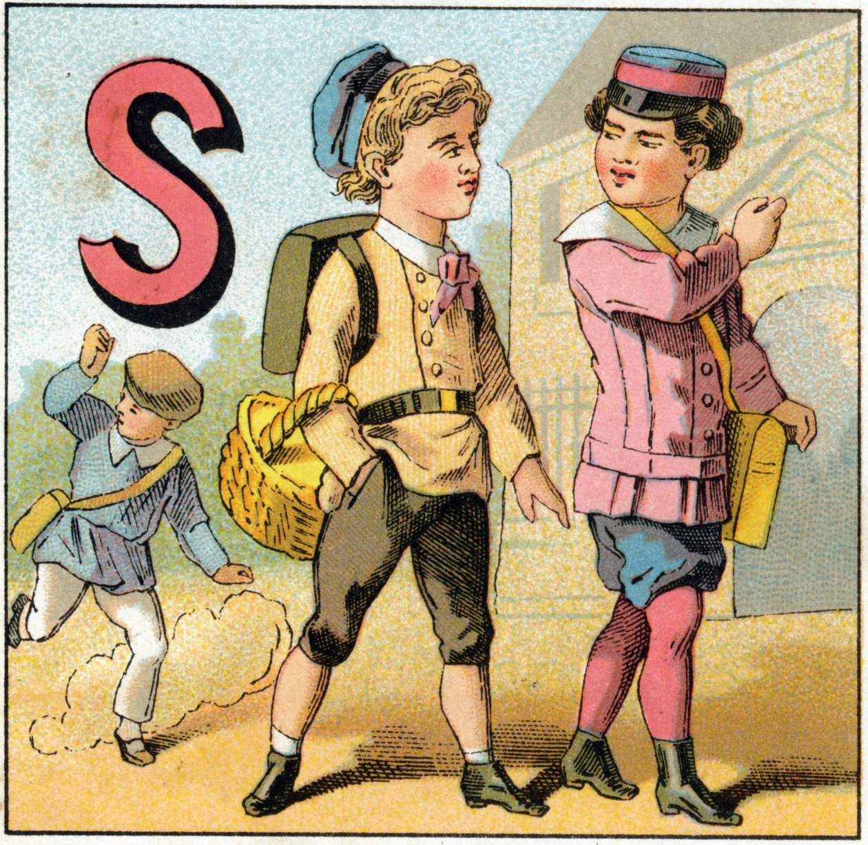Letter S als schoolverlaten. Gravure in 
