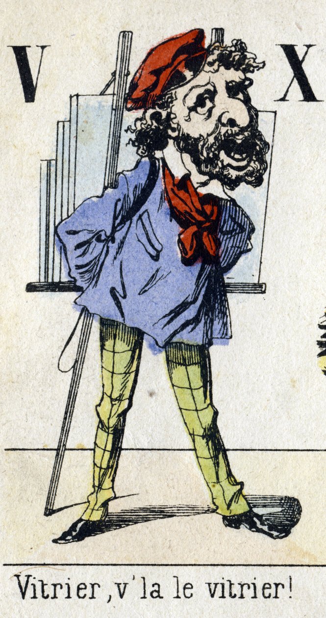 Letters V en X: "Glaszetter, de glaszetter!" Alfabet "Kinderplezier". Beeldvorming van Epinal, circa 1890. Populaire serie. Klein boekje van 8 pagina