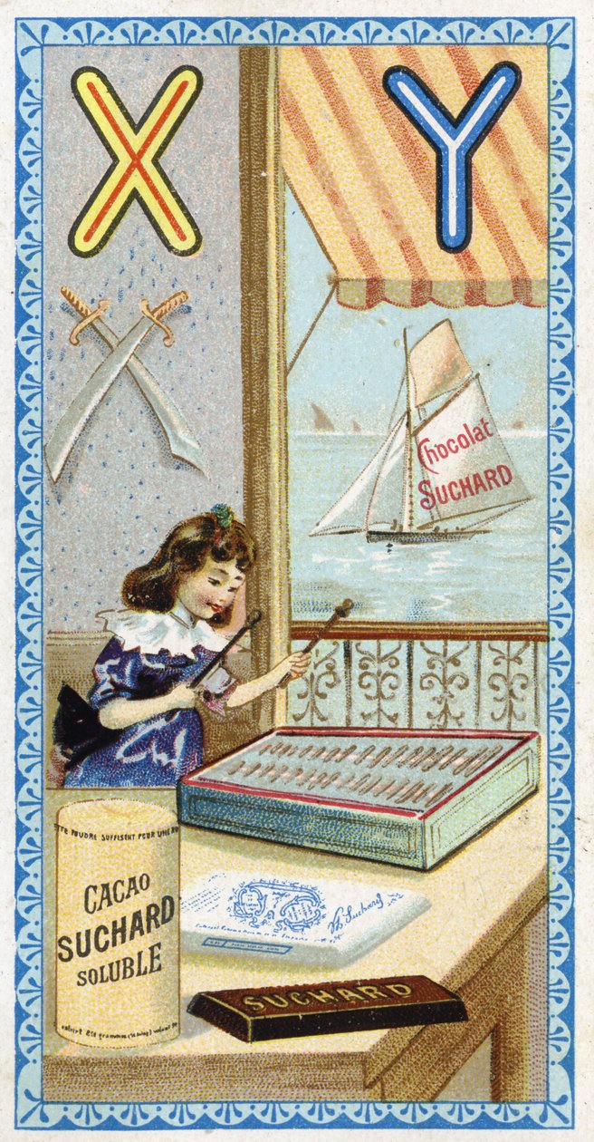Letter X: xylofonist en Y: yatagan, jacht. Gravure van het Alfabet uitgegeven door Chocolat Suchard, begin 20e eeuw. 24 chromolithografieën. door Unbekannt