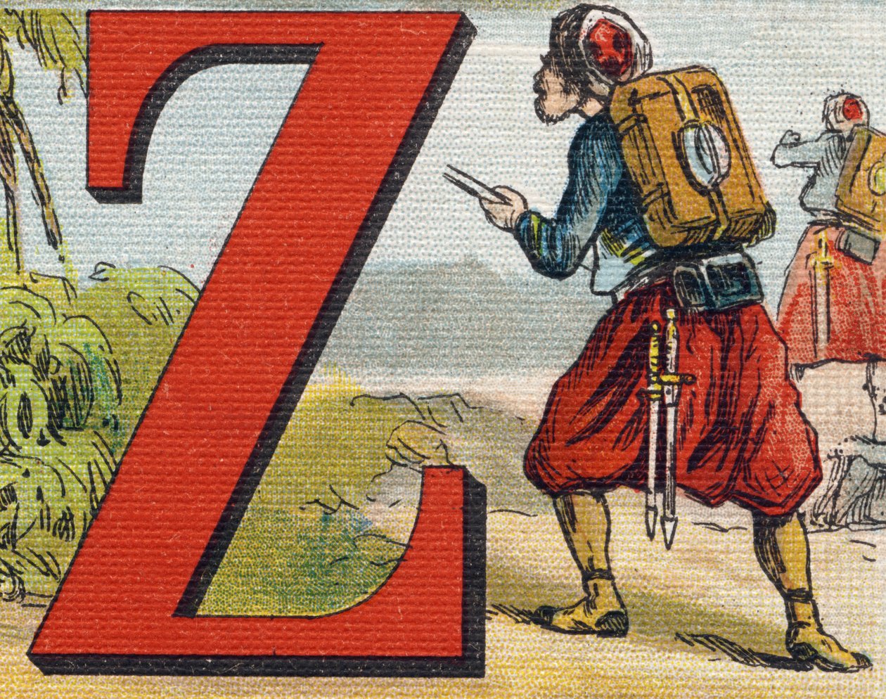 Letter Z: Zouaaf. Gravure in "Alphabet de ma petite fille". Bernardin-Bechet en Fils, boekhandel-uitgevers, Parijs, rond 1895. Onbreekbaar album op canvas. Bibliotheek van de baby
