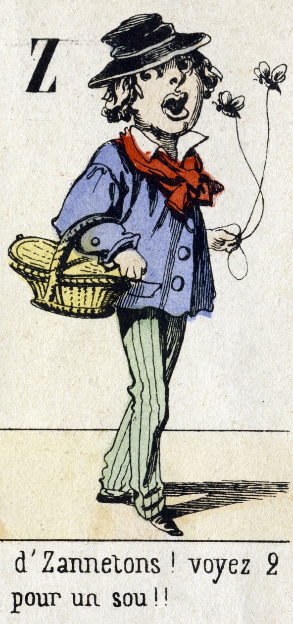 Letter Z: "door Zannetons! Zie 2 voor een cent!!" Alfabet "Kinderplezier". Beeldvorming van Epinal, circa 1890. Populaire serie. Klein boekje van 8 pagina